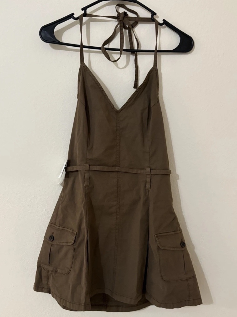 NWT American Eagle Outfitters Y2K Brown Halter Tie Back Pockets Cargo Mini Dress